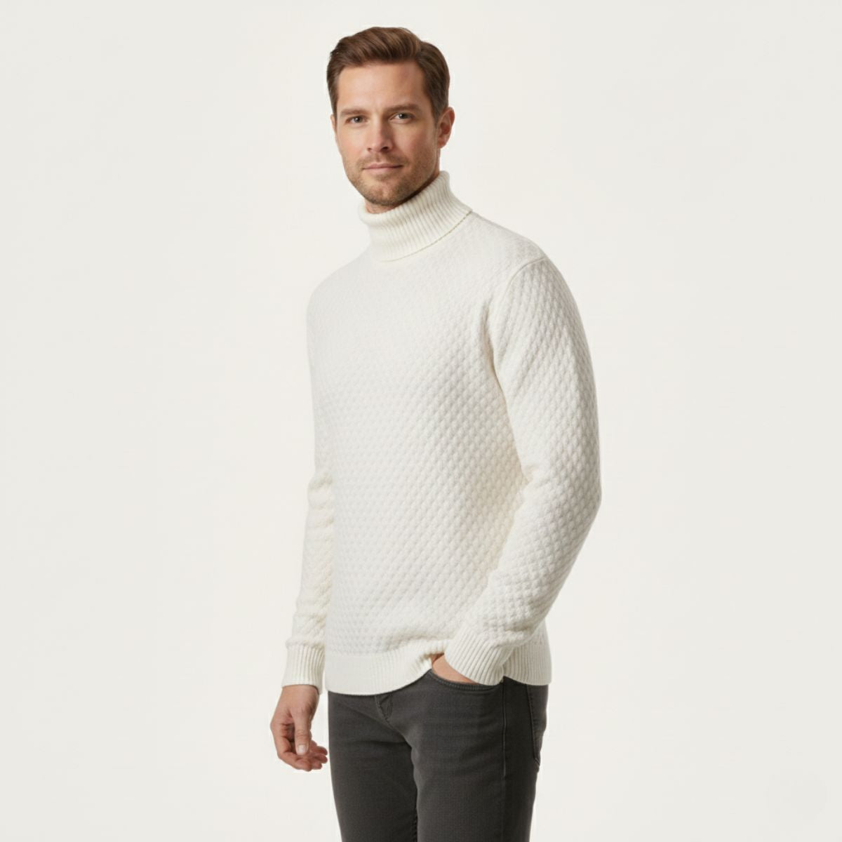 Ezra | Men's Turtleneck Cable Knit Sweater Cream