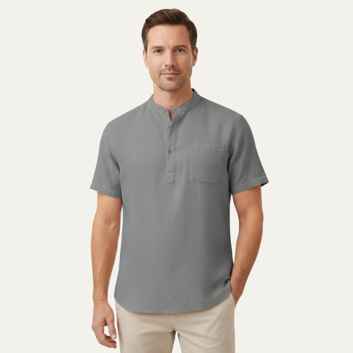 Callum | Men's Casual Linen Henley Black Short Sleeve