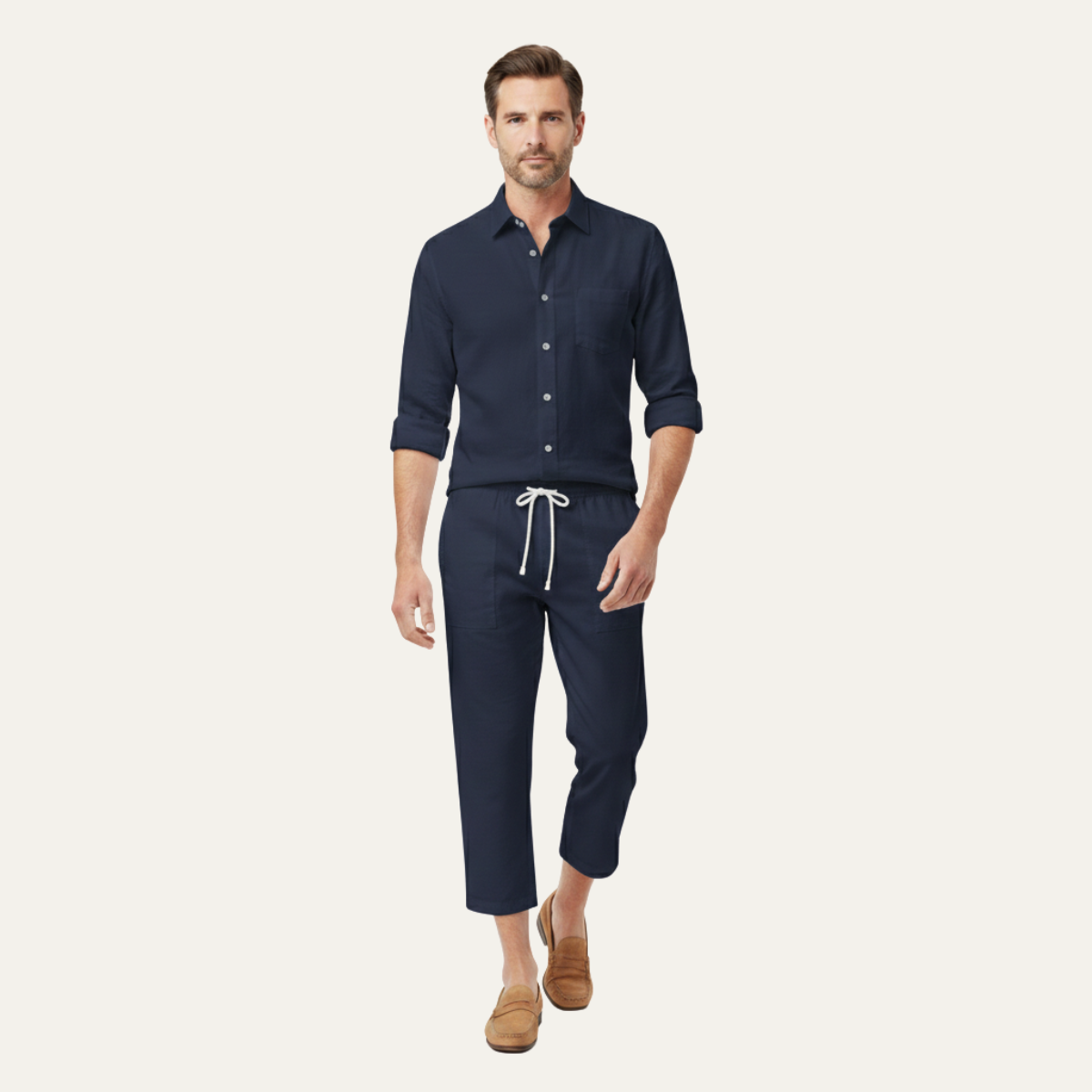 Axel | Men's Linen Set White Button Up Shirt Cropped Pants