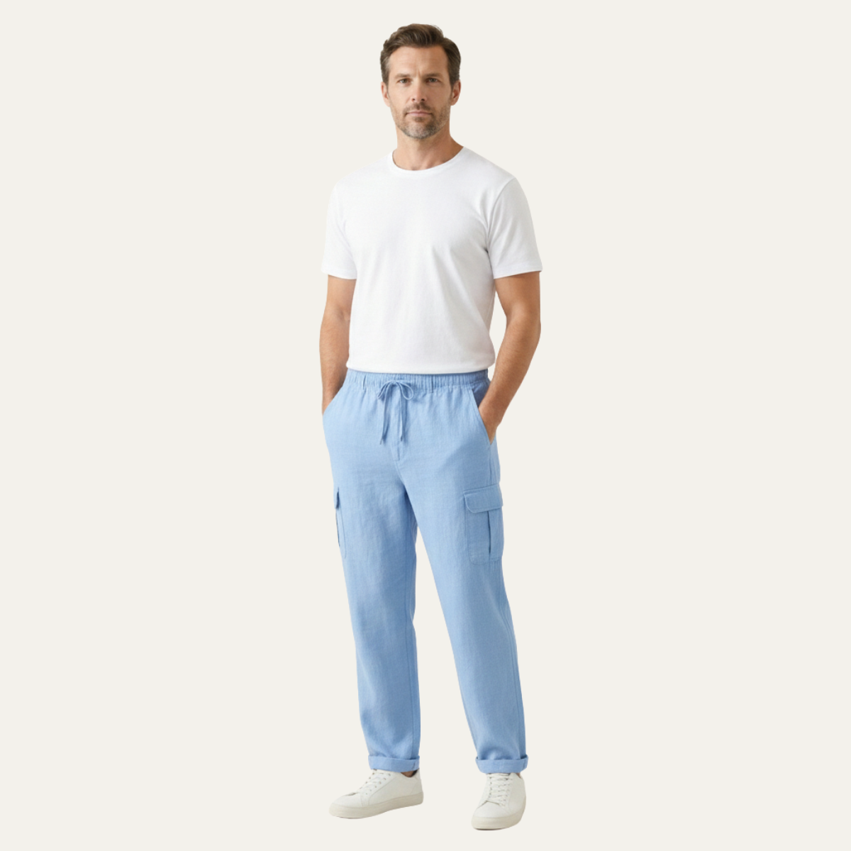 Cade | Men's Casual Linen Cargo Pants Cream Relaxed Fit