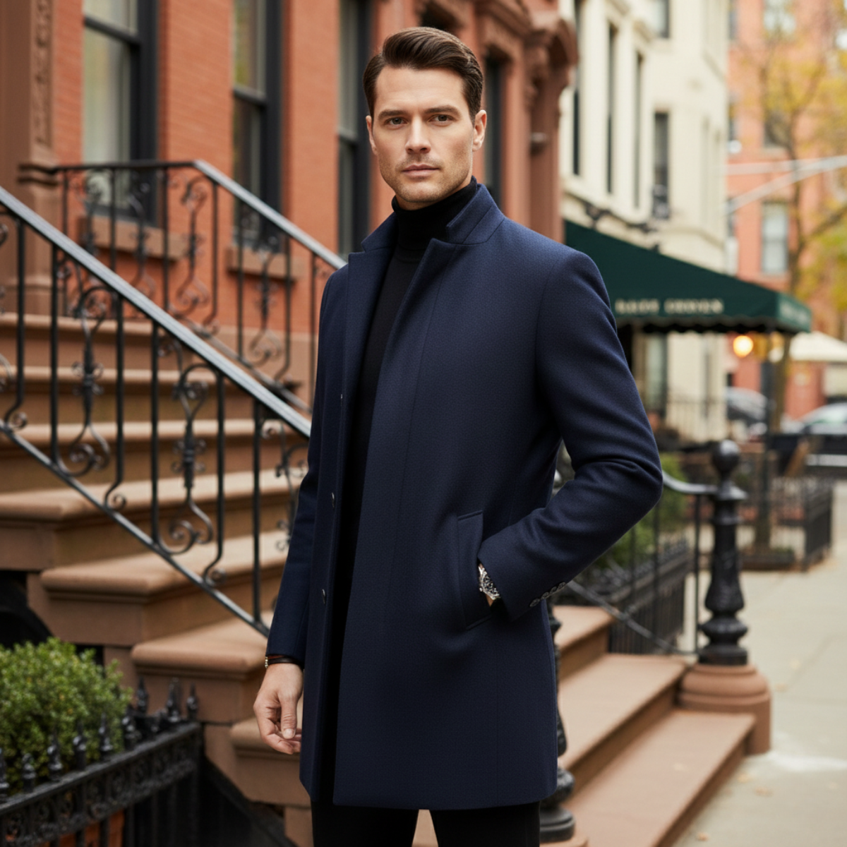 Voss | Men's Navy Wool Overcoat Button Front