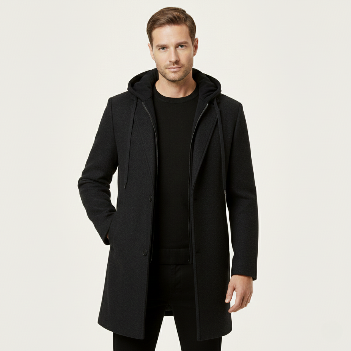 Bram | Men's Wool Overcoat Caramel Hooded Quilted Lining