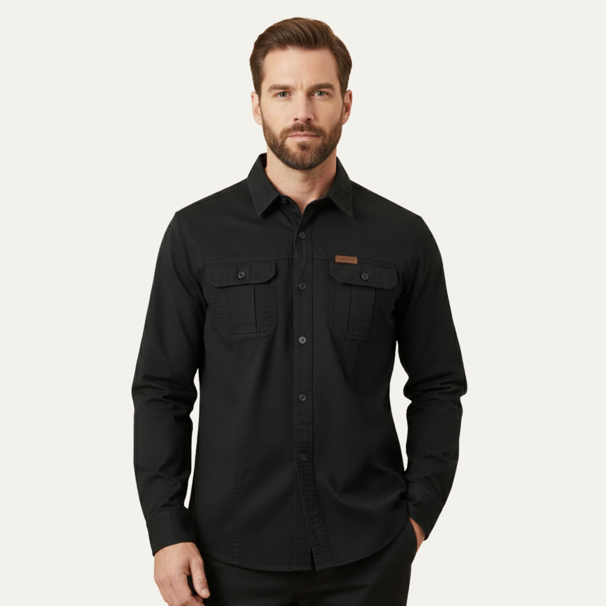 Eli | Men's Casual Denim Shirt Cream Long Sleeve Multi Pocket