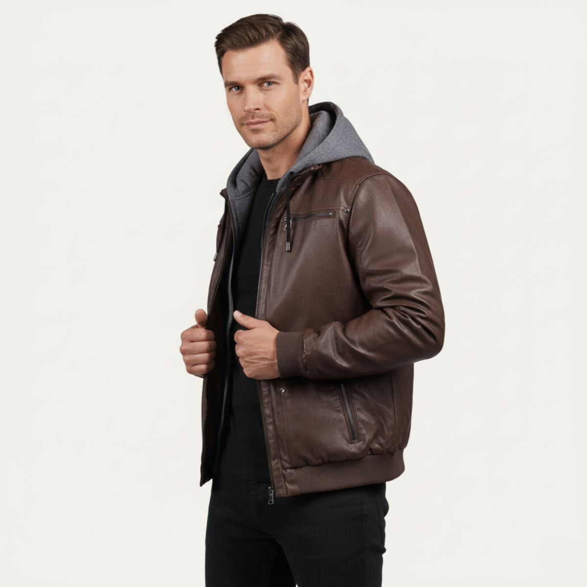 Voss | Men's Leather Jacket Black Hooded Bomber