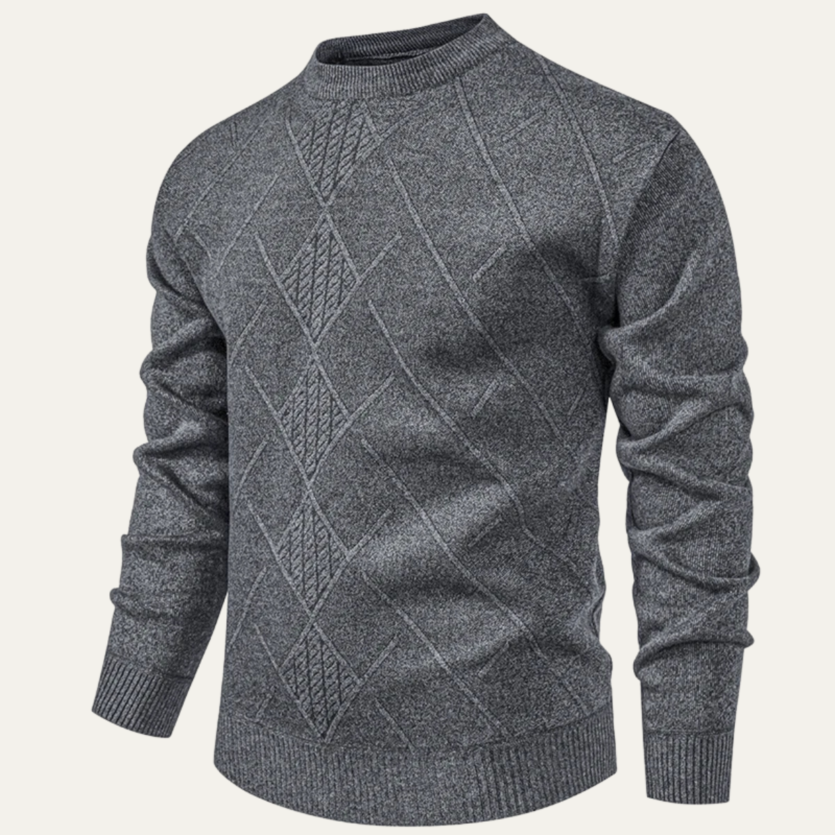 Ives | Men's Cable Knit Sweater Gray Crew Neck Diamond Pattern