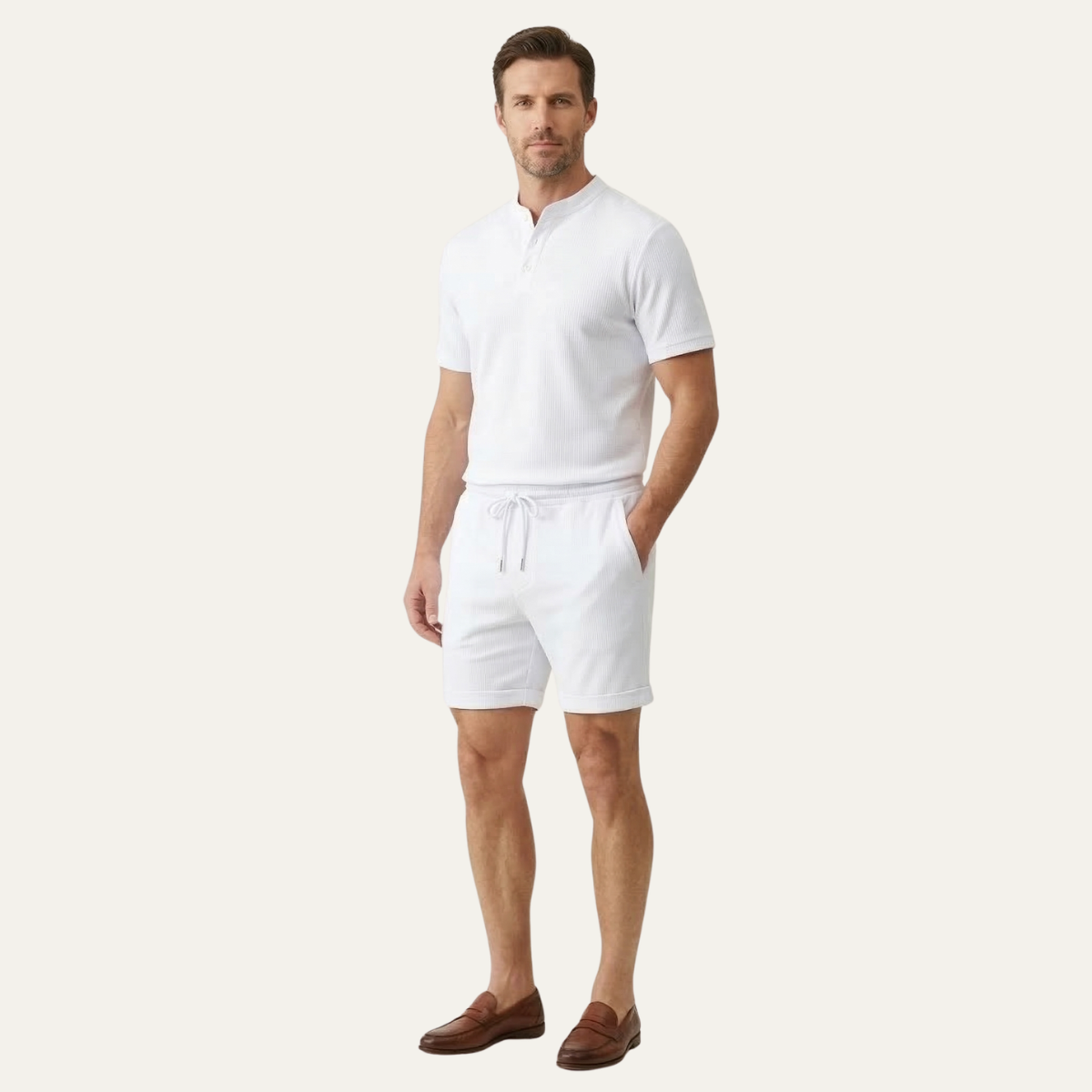 Callum | Men's Lounge Set White Short Sleeve Henley Shorts