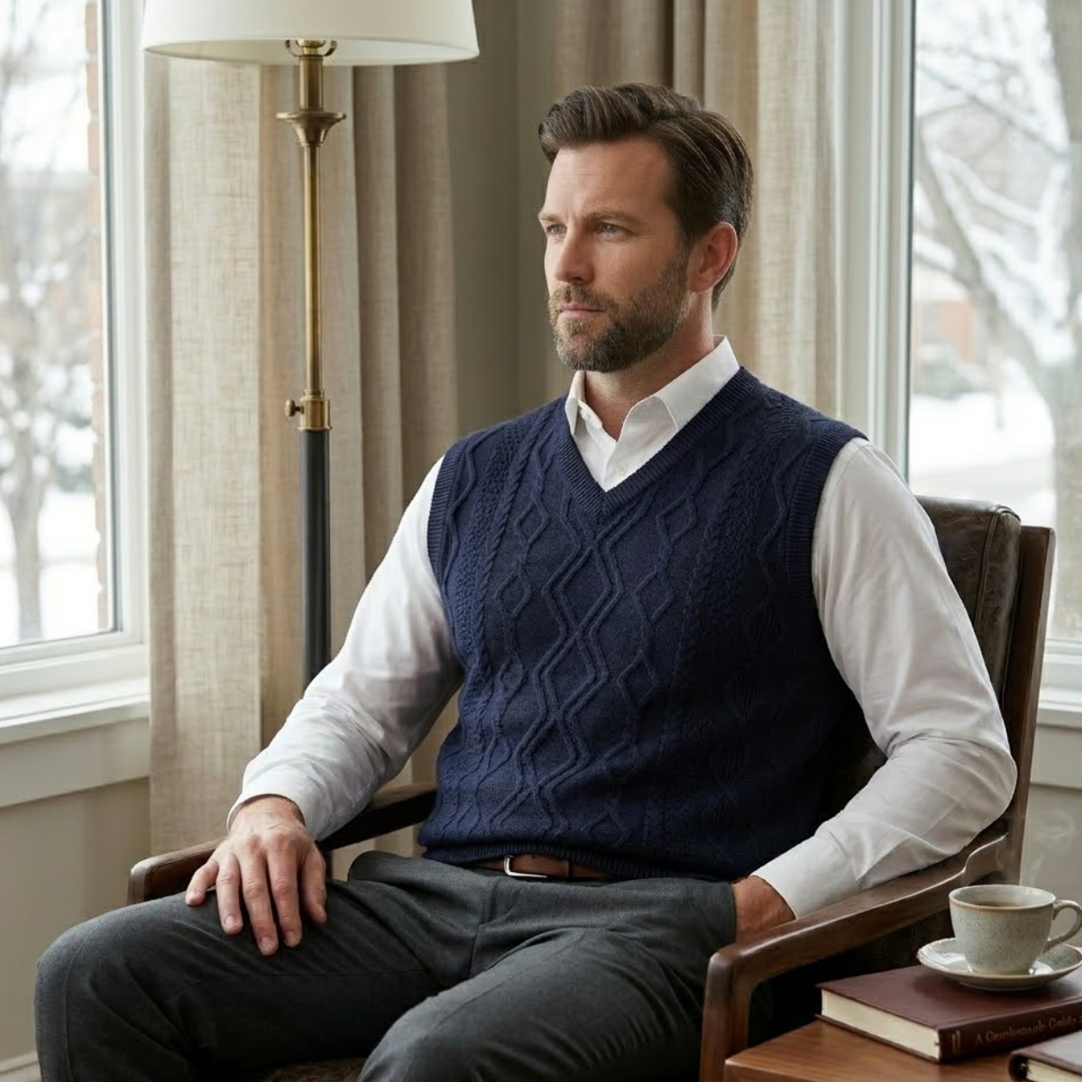 Landon | Men's Cable Knit V Neck Sweater Vest Navy