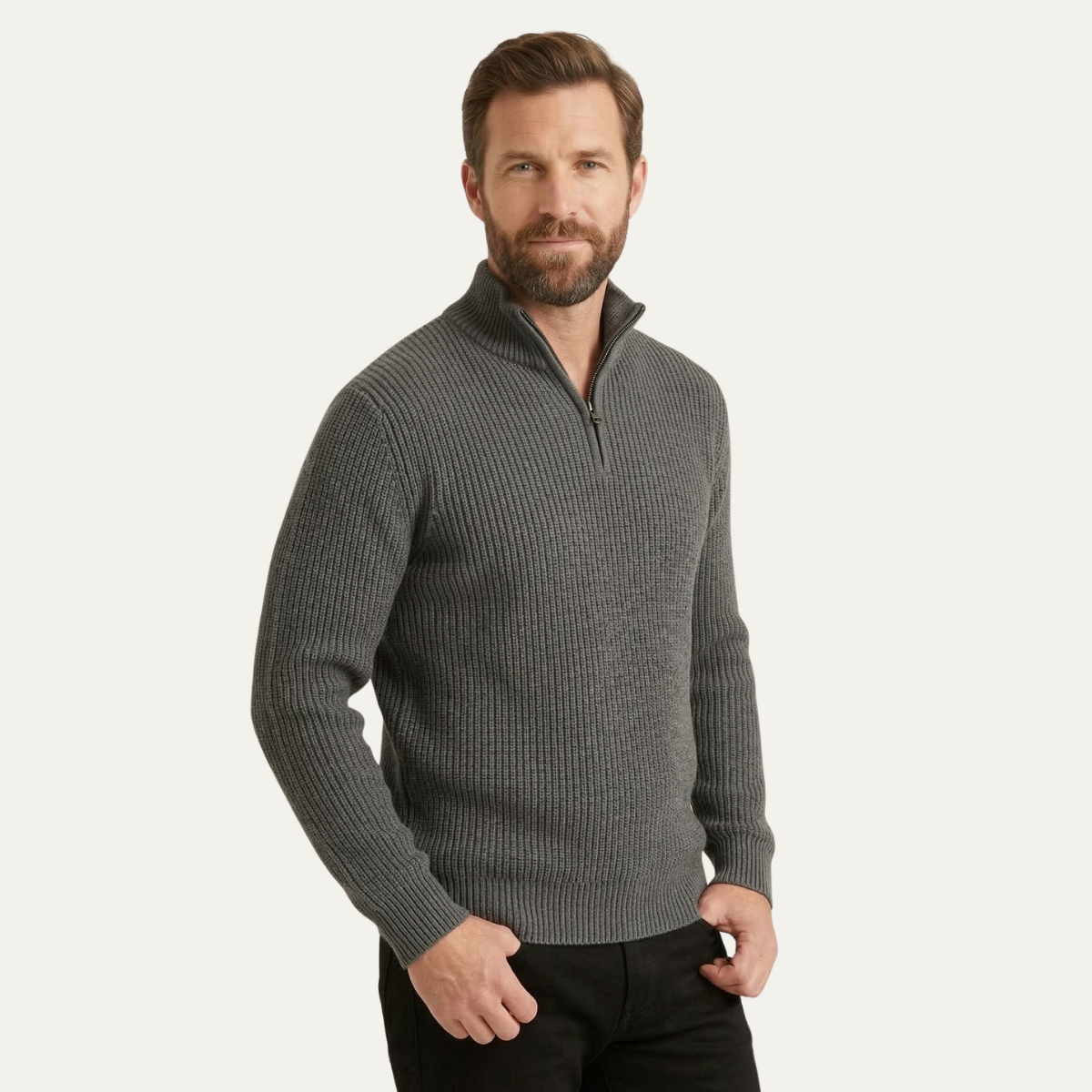 Bram | Men's Quarter Zip Sweater Black Ribbed Knit