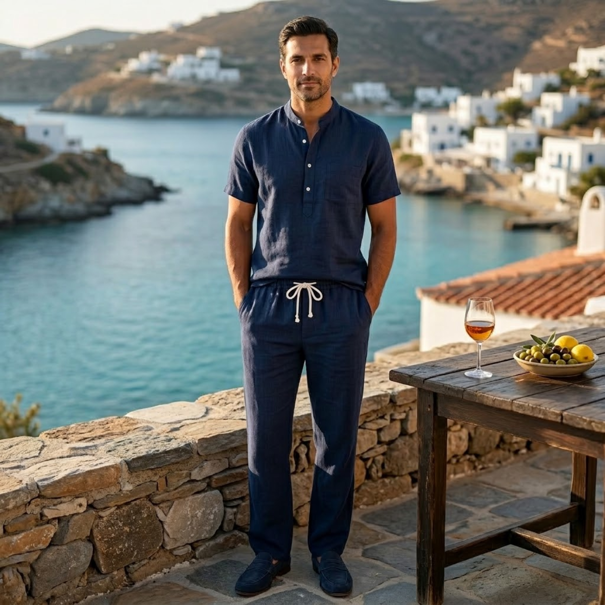 Kai | Men's Linen Lounge Set Black Short Sleeve
