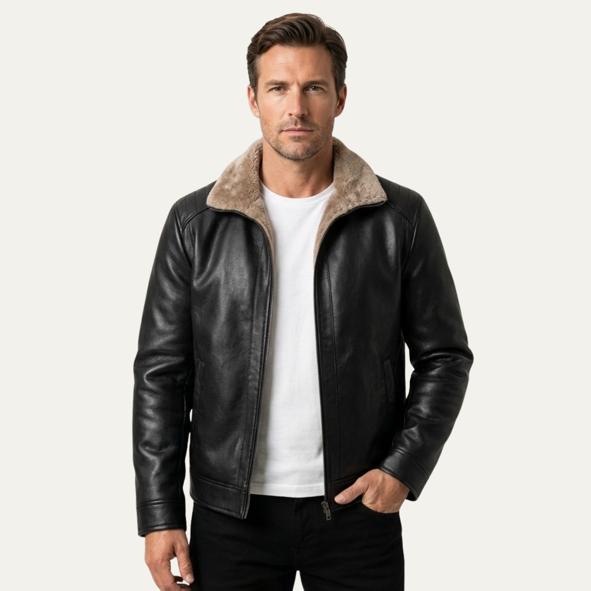 Blake | Men's Sherpa Lined Leather Jacket Brown