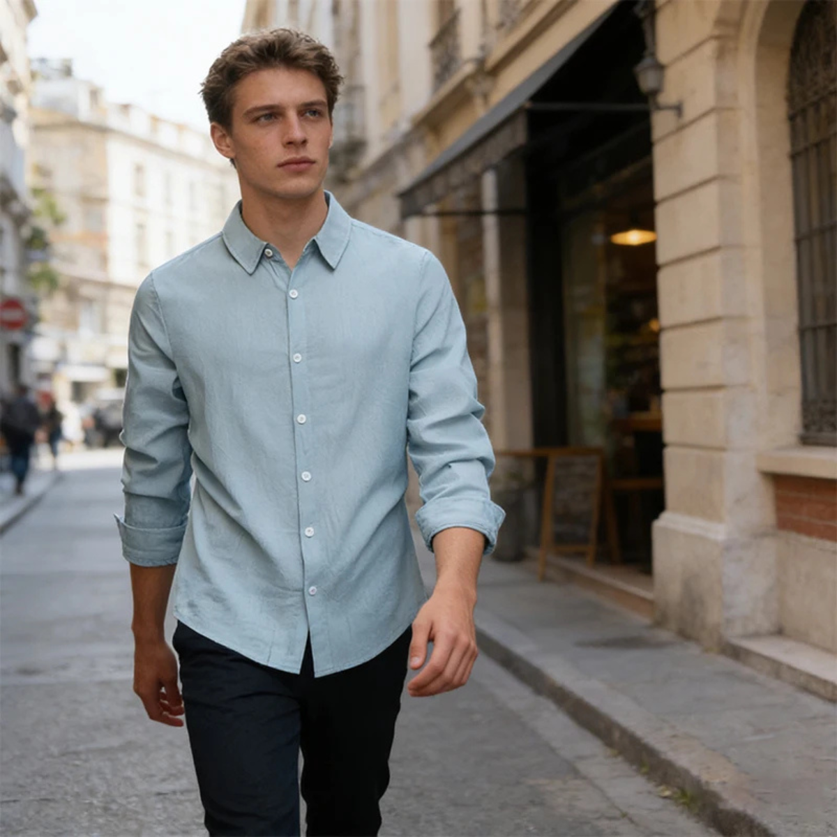 Callum | Men's Linen Cotton Button Up Shirt Light Blue