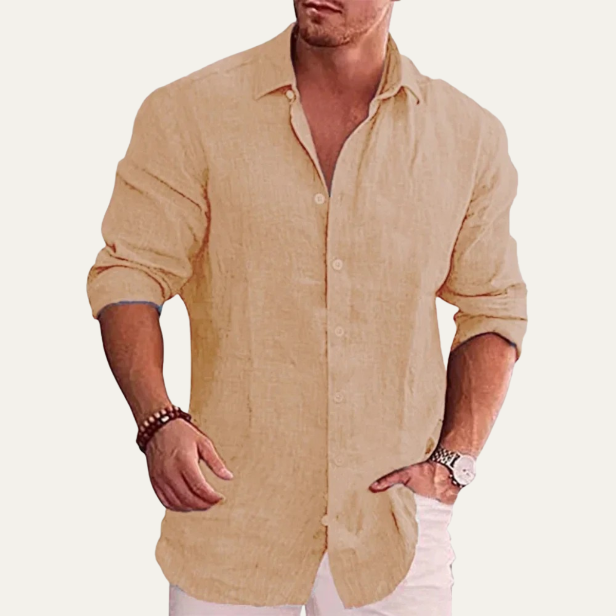 Ezra | Men's Linen Shirt Cream Button Up Long Sleeve