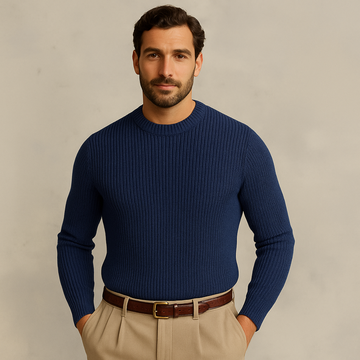 Ives | Men's Ribbed Crew Neck Sweater Brown Merino Wool