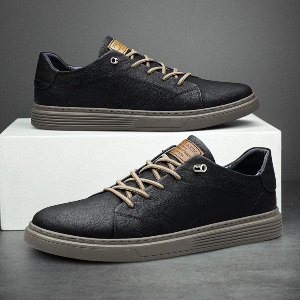 Kai | Men's Casual Leather Sneaker Black Cream Sole
