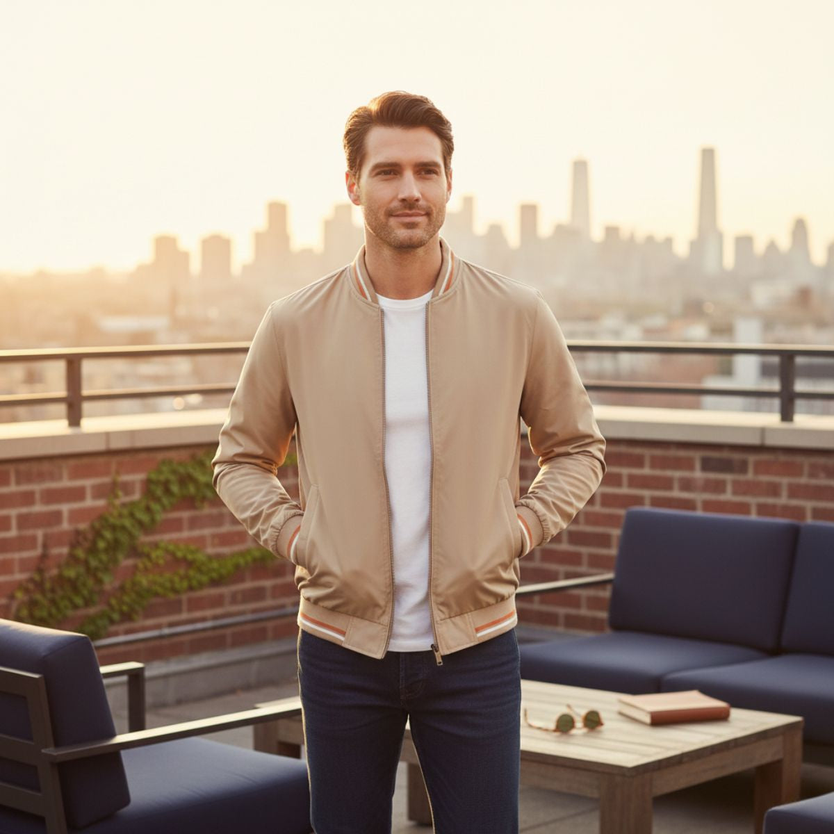 Ines | Men's Lightweight Bomber Jacket Sage Green Zip Up