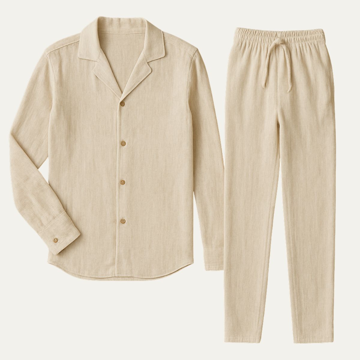 Freya | Men's Linen Pajama Set Cream Long Sleeve Button Up