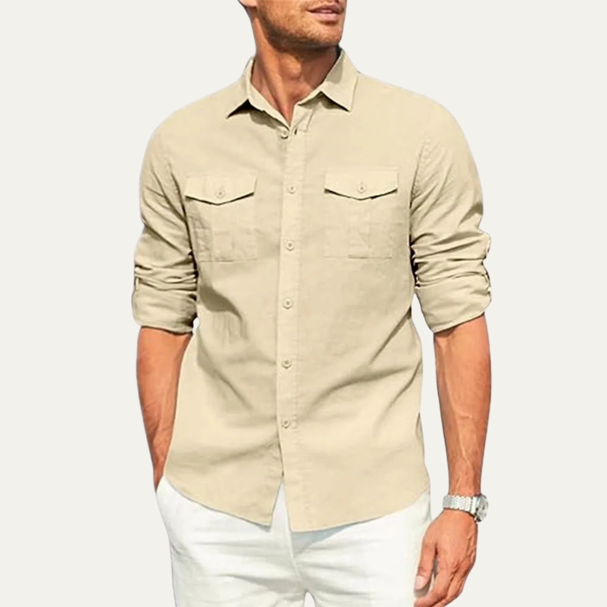 Grant | Men's Casual Cotton Linen Button Up Shirt Cream