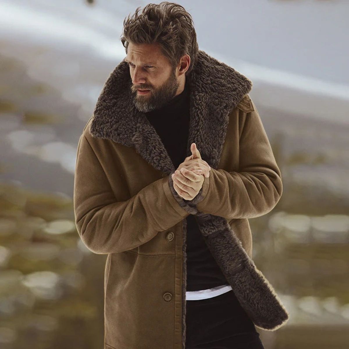 Voss | Men's Sherpa Lined Wool Overcoat Black