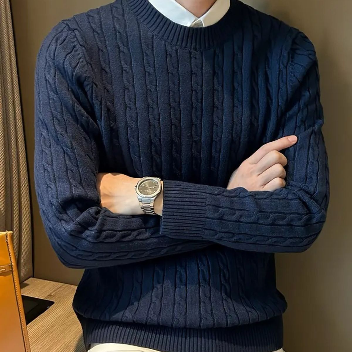Sage | Men's Cable Knit Crew Neck Sweater Navy