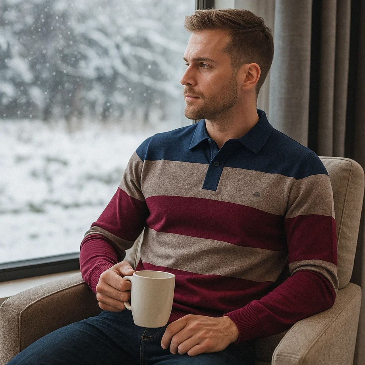 Beau | Men's Striped Polo Sweater Navy Gray Burgundy
