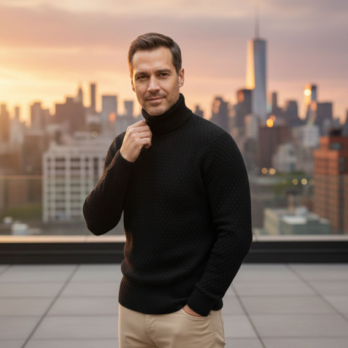 Ezra | Men's Turtleneck Cable Knit Sweater Cream