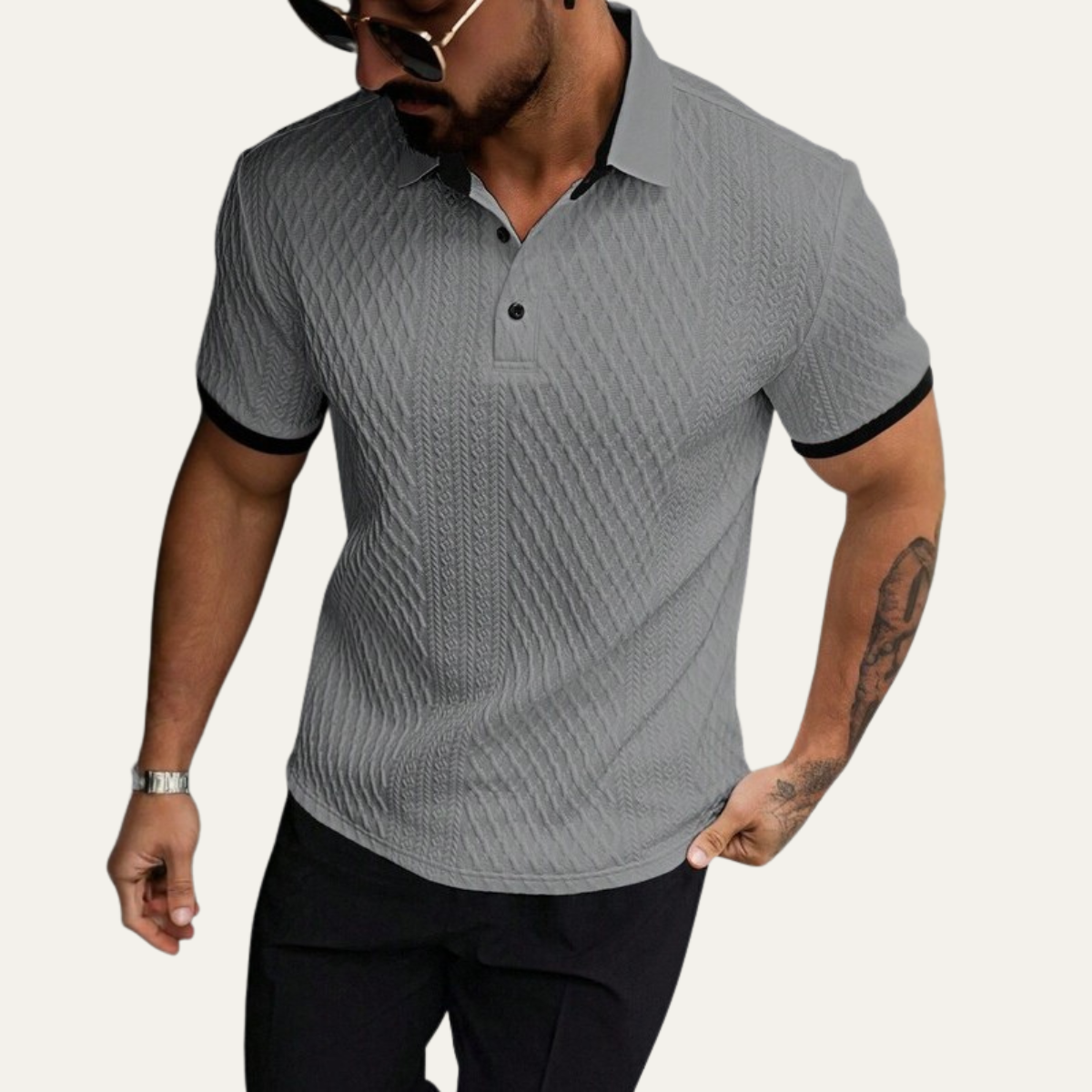 Bram | Men's Casual Textured Polo Shirt Gray Black Trim
