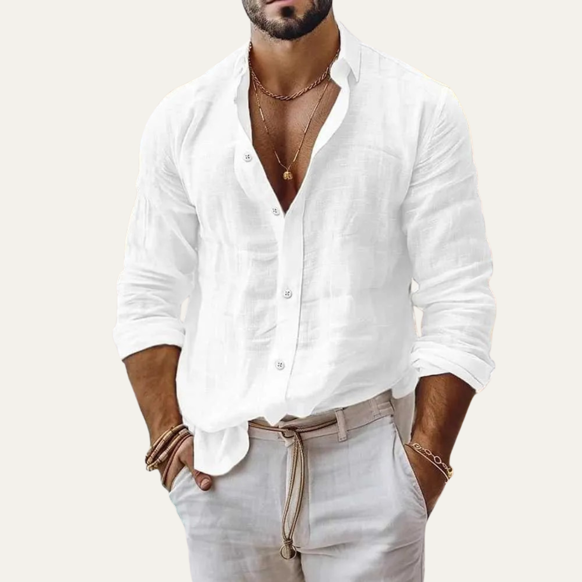 Ash | Men's Linen Button Up Shirt White Long Sleeve