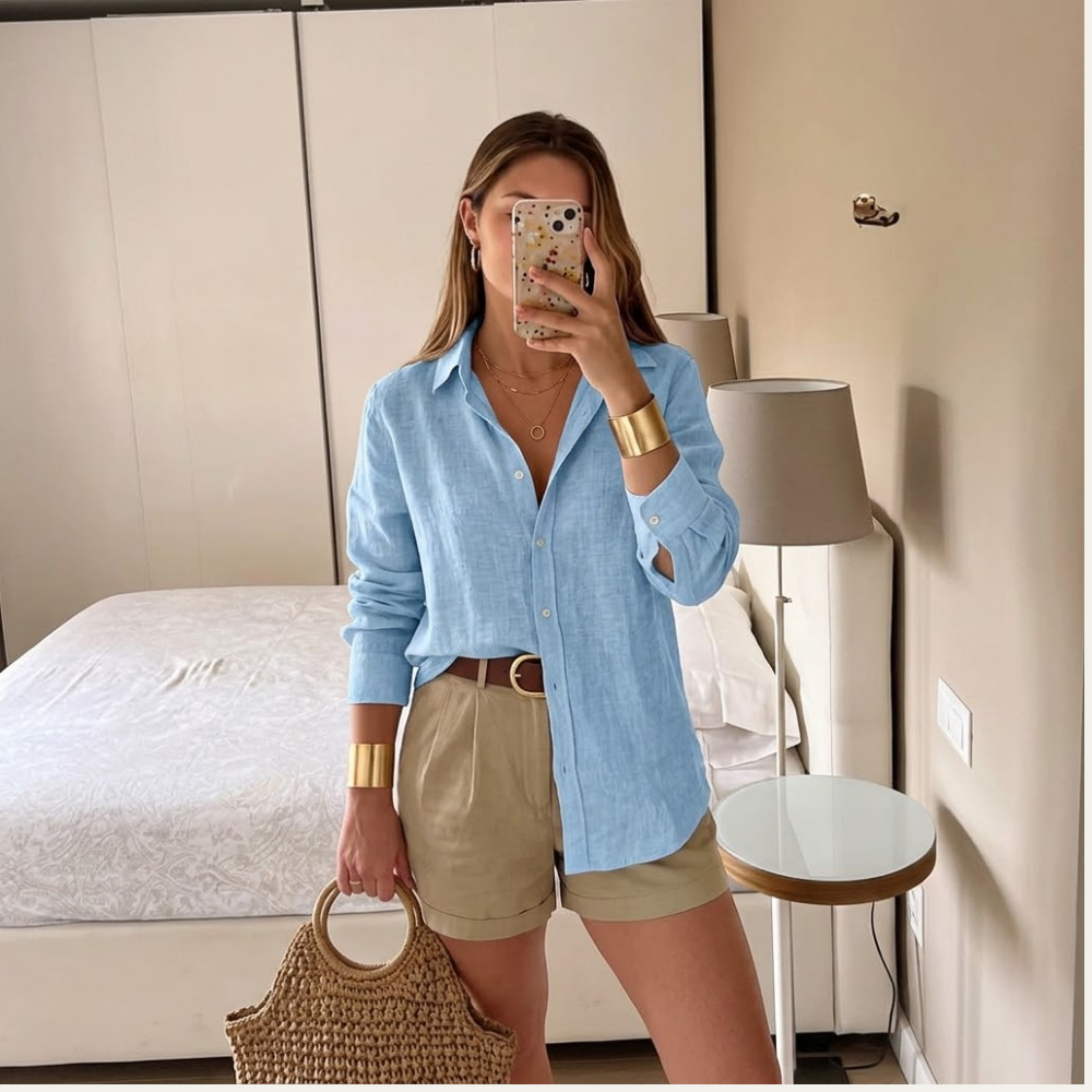 Dama Washington Rosa women's linen button down shirt cream long sleeve - view 4