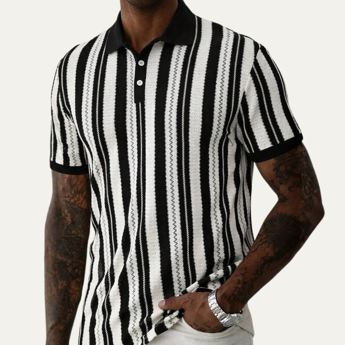 Bram | Men's Striped Knit Polo Shirt Black Cream