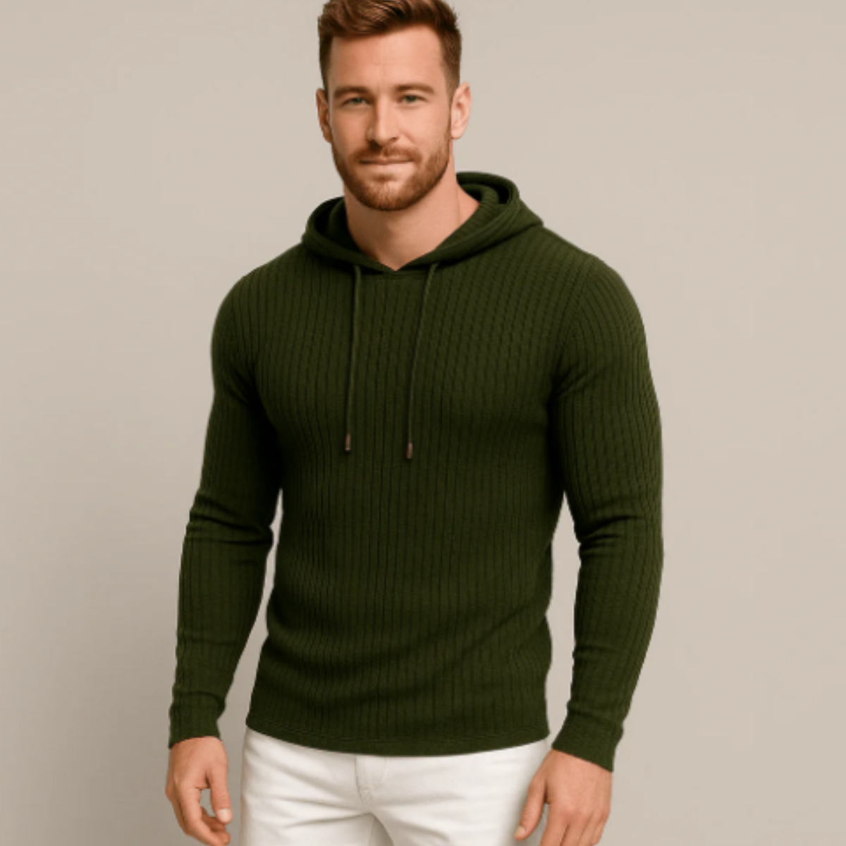 Wade | Men's Ribbed Knit Hoodie Brown Long Sleeve