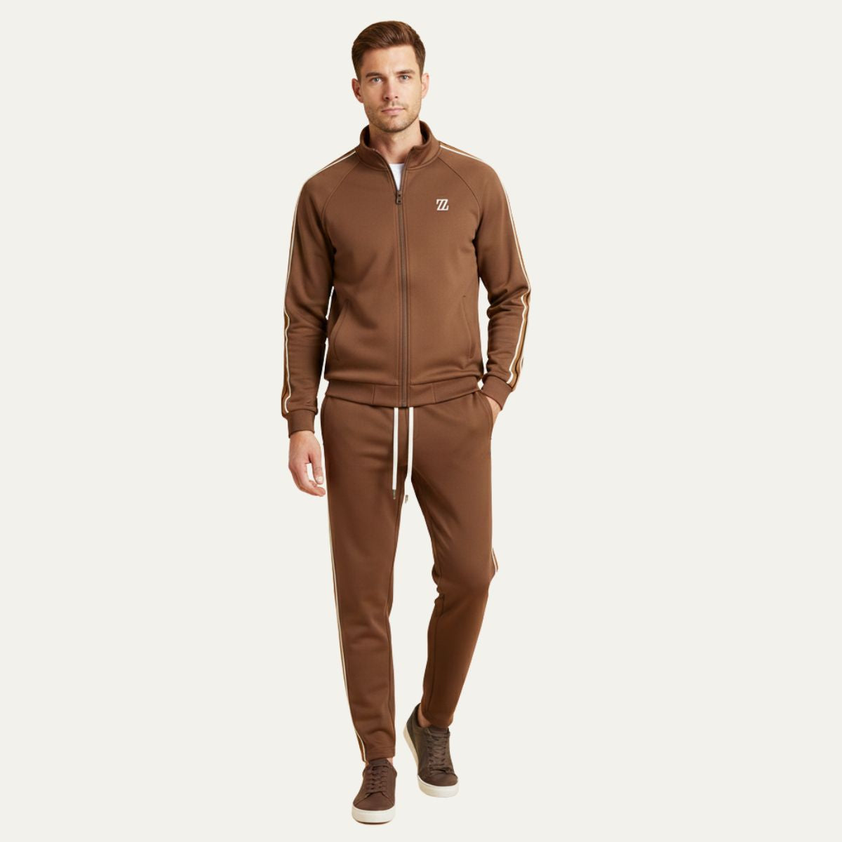 Axel | Men's Sweatsuit Cream Brown Stripe Track Jacket Joggers Set