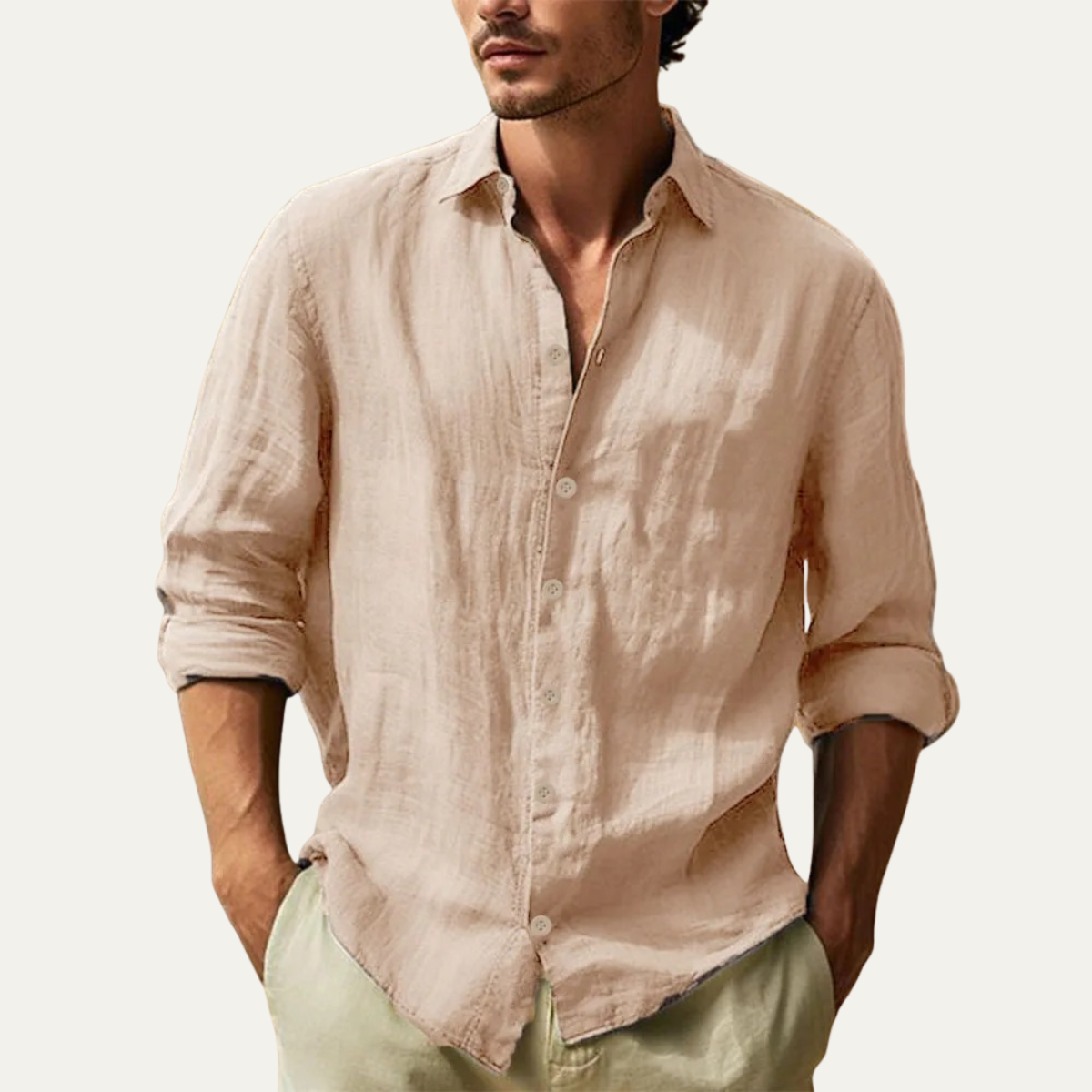 Luca | Men's Linen Shirt Cream Casual Long Sleeve Button Up
