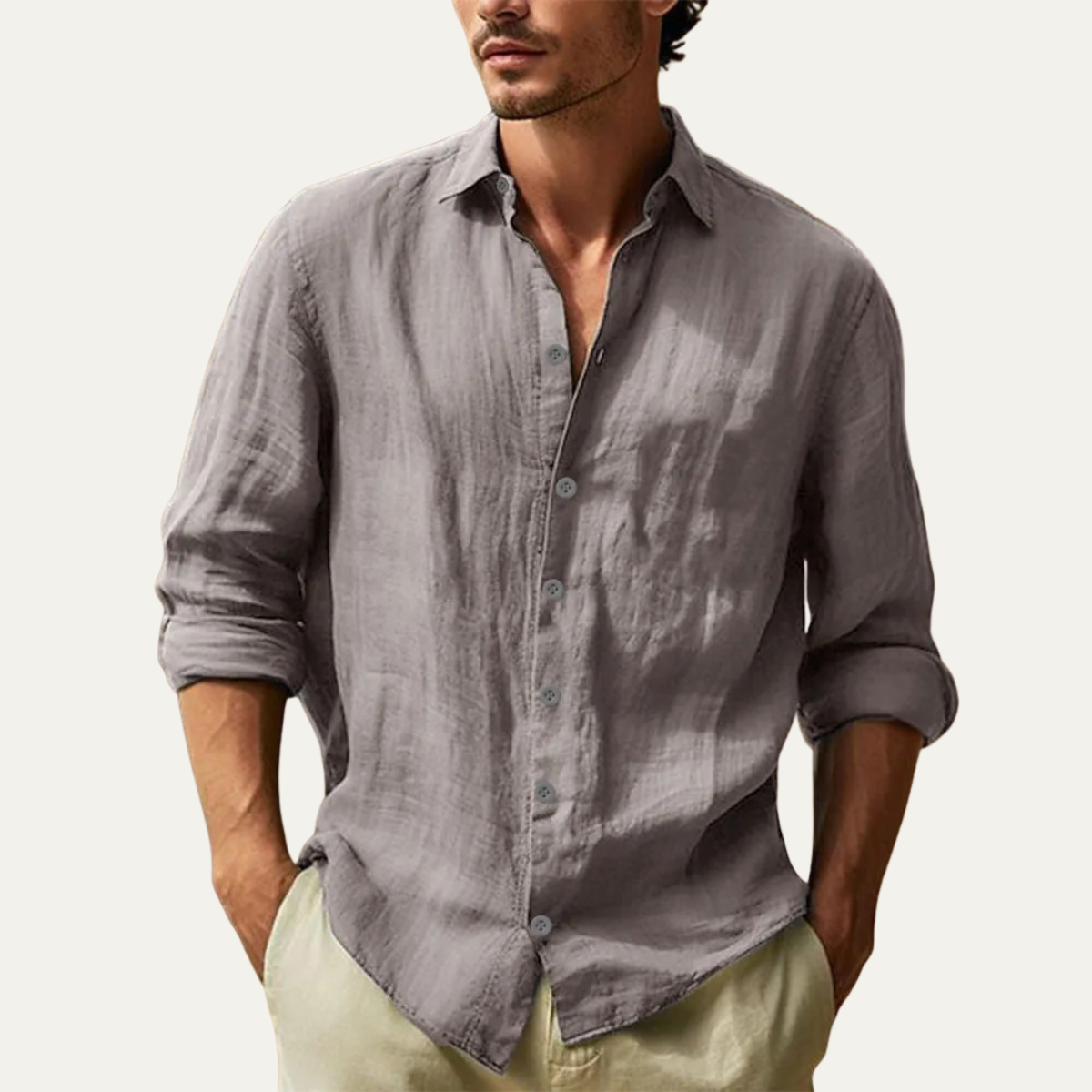 Beau | Men's Linen Shirt Gray Long Sleeve Button Up