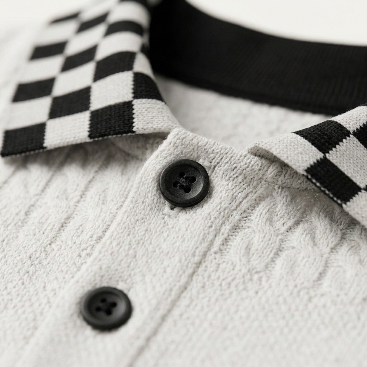 Kai | Men's Textured Knit Polo Shirt Cream Checkered Collar