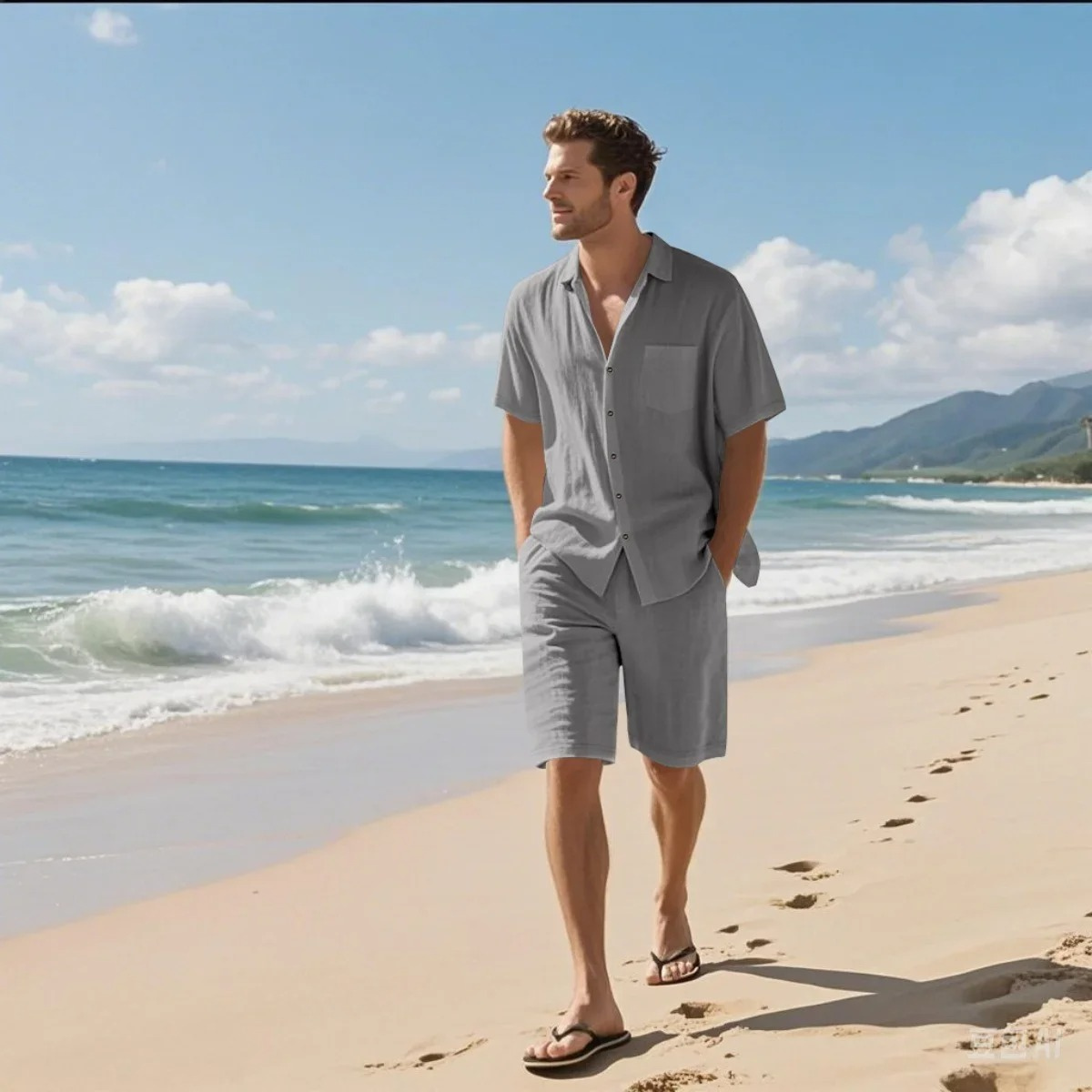 Beau | Men's Casual Linen Shirt Shorts Set Gray
