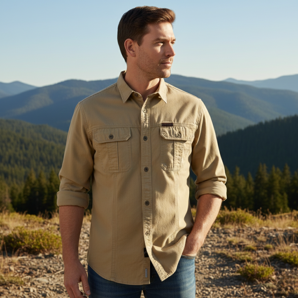 Beau | Men's Casual Utility Shirt Olive Green Multi Pocket