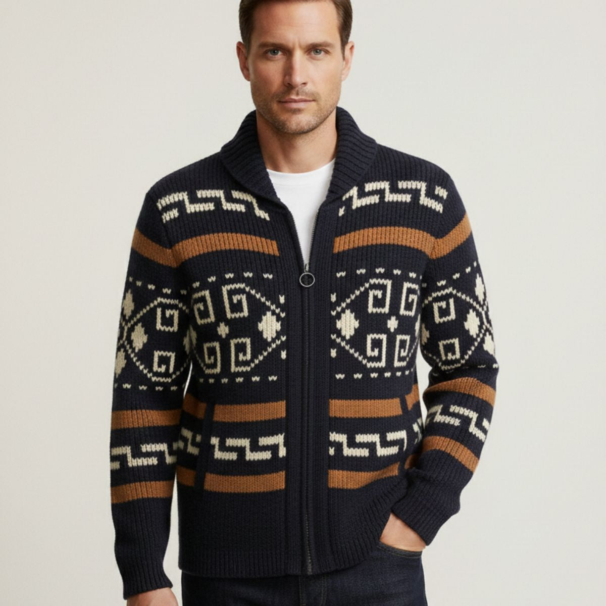 Bram | Men's Vintage Shawl Collar Cardigan Cream Geometric Pattern