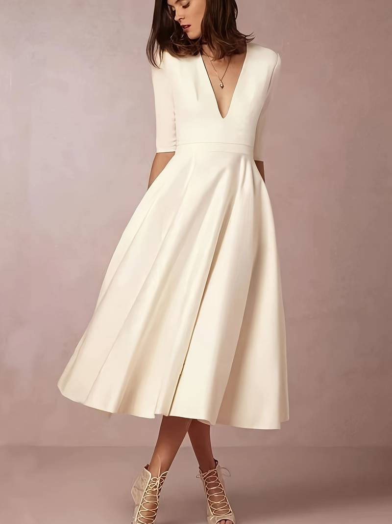 Margot | Women's A Line Midi Dress Cream V Neck Three Quarter Sleeve
