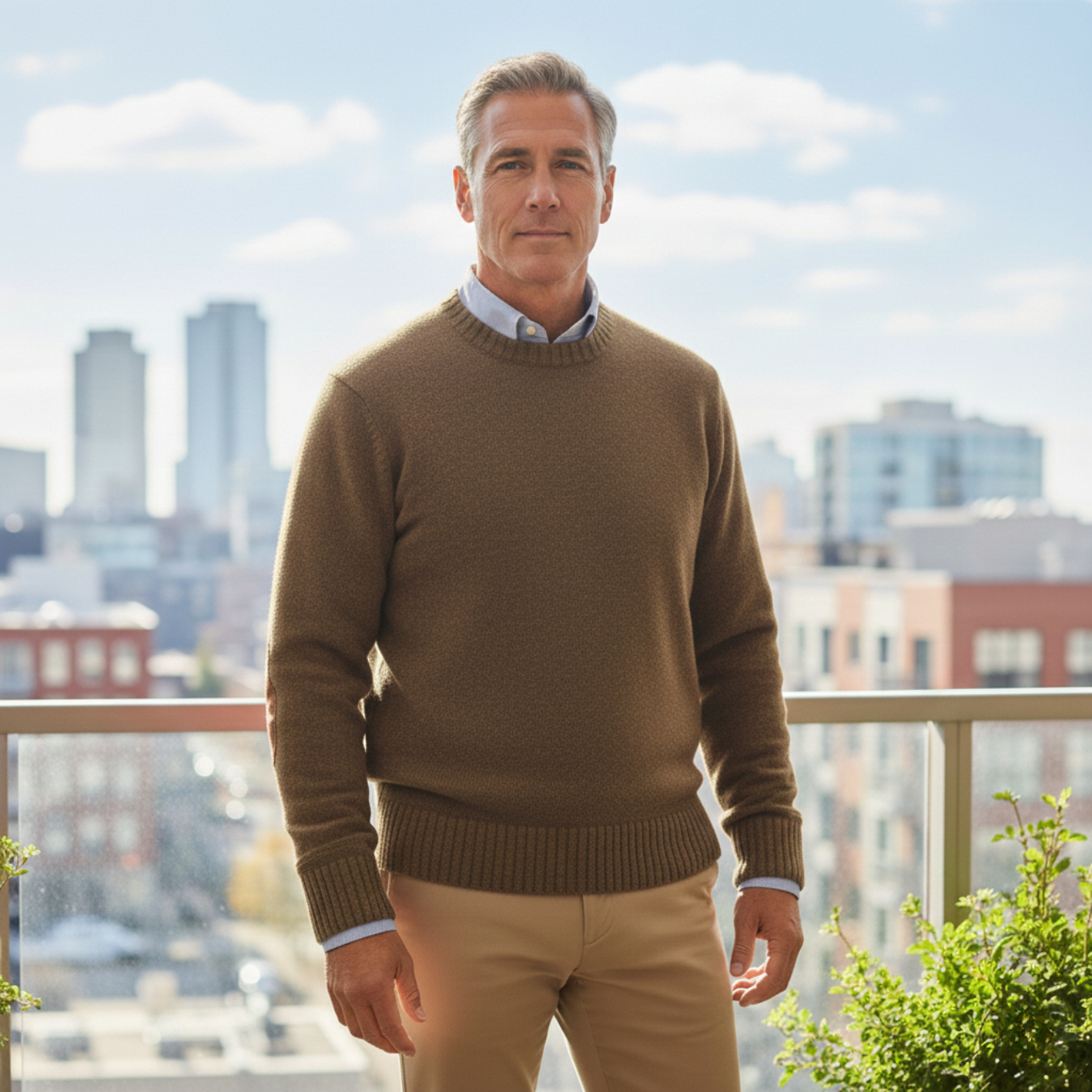 Beau | Men's Oversized Crew Neck Sweater Red Elbow Patches