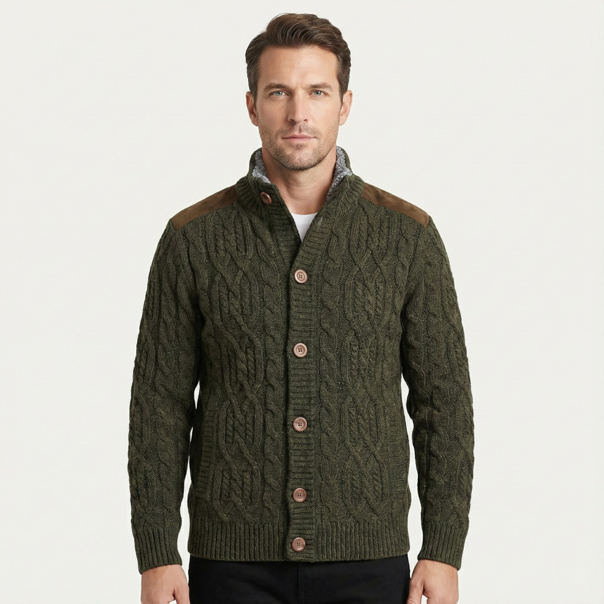 Ash | Men's Cable Knit Cardigan Tan Button Up Sweater