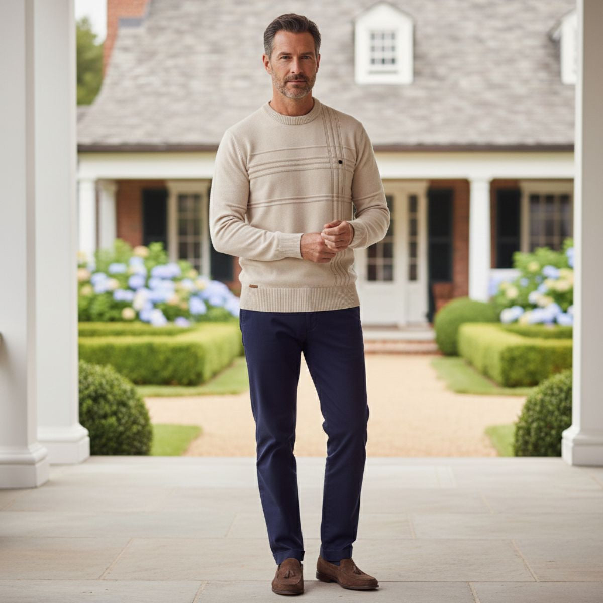 Bram | Men's Crew Neck Sweater Cream Cable Knit Long Sleeve