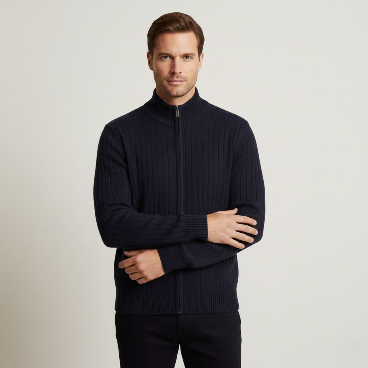 Beau | Men's Zip Up Ribbed Cardigan Royal Blue