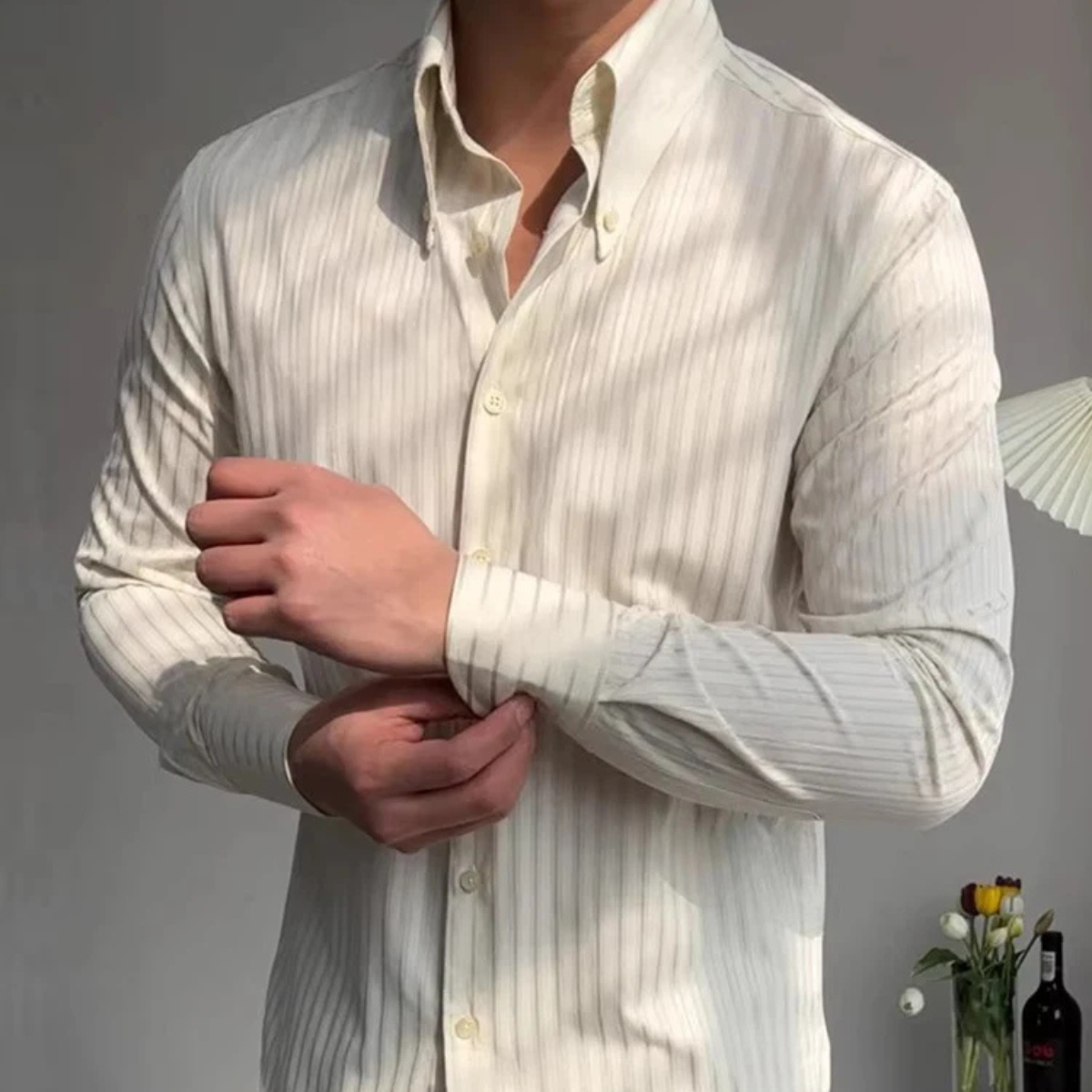Jasper | Men's Cream Pinstripe Button Up Dress Shirt Long Sleeve