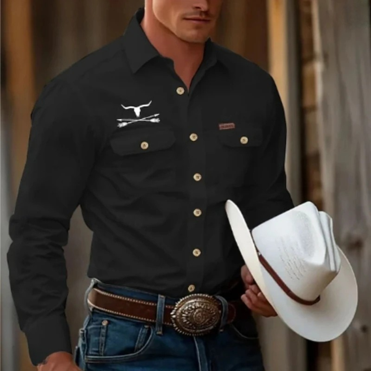 Callum | Men's Western Denim Shirt Black Cowboy Print
