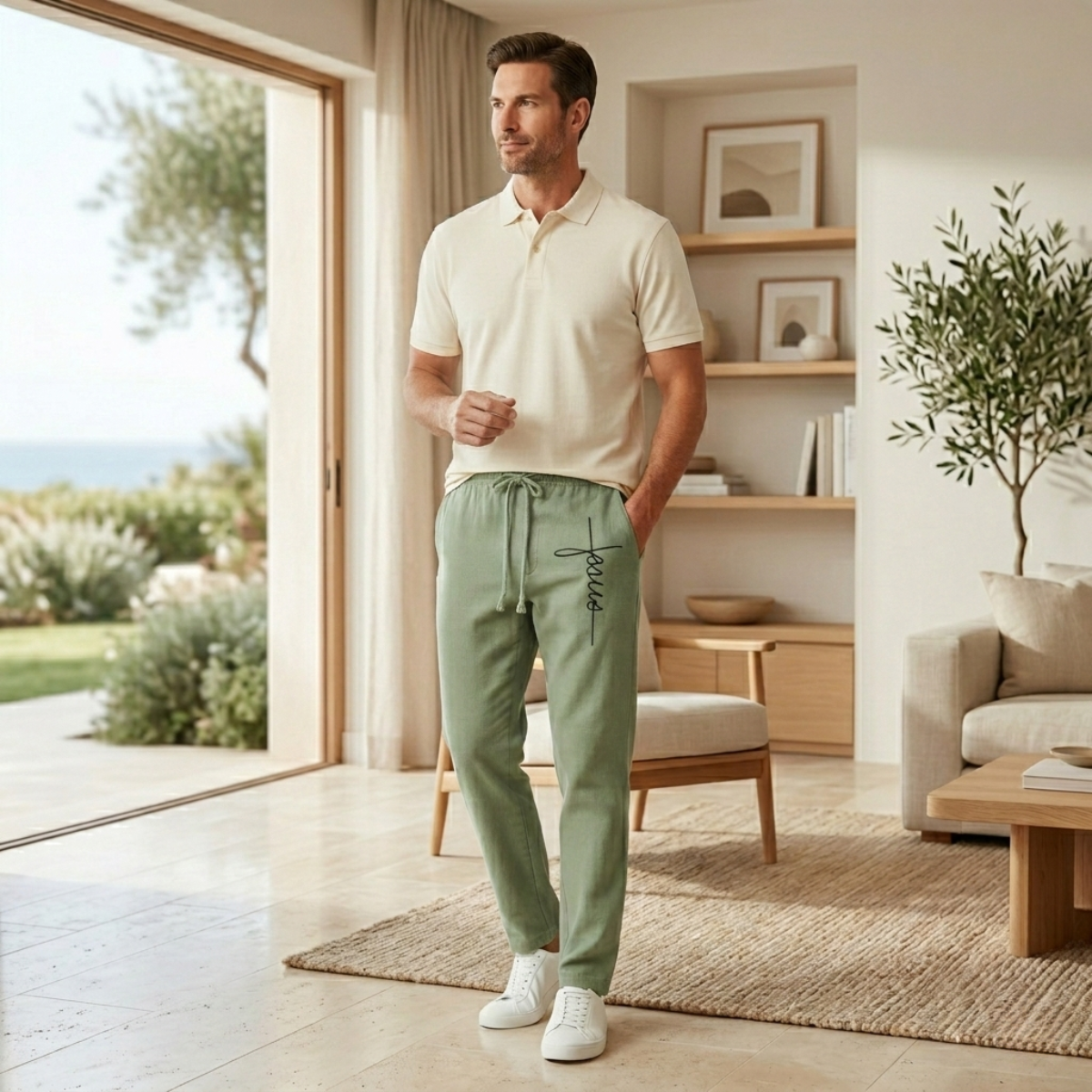 Otto | Men's Casual Linen Pants Gray Drawstring Wide Leg