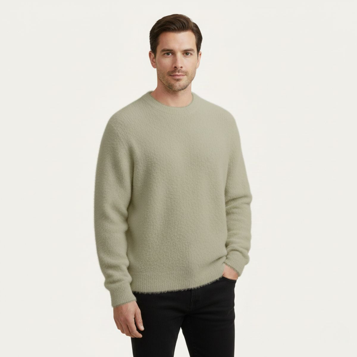 Alma | Men's Crew Neck Sweater White Cashmere Knit