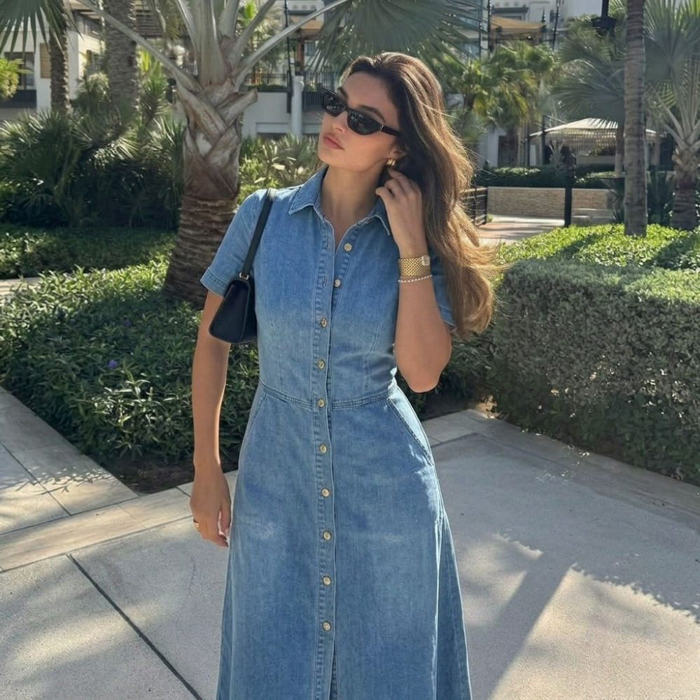 Isla | Women's Denim Shirt Dress Light Blue Short Sleeve