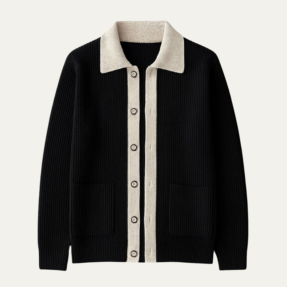 Axel | Men's Collared Cardigan Sweater Black Cream Knit
