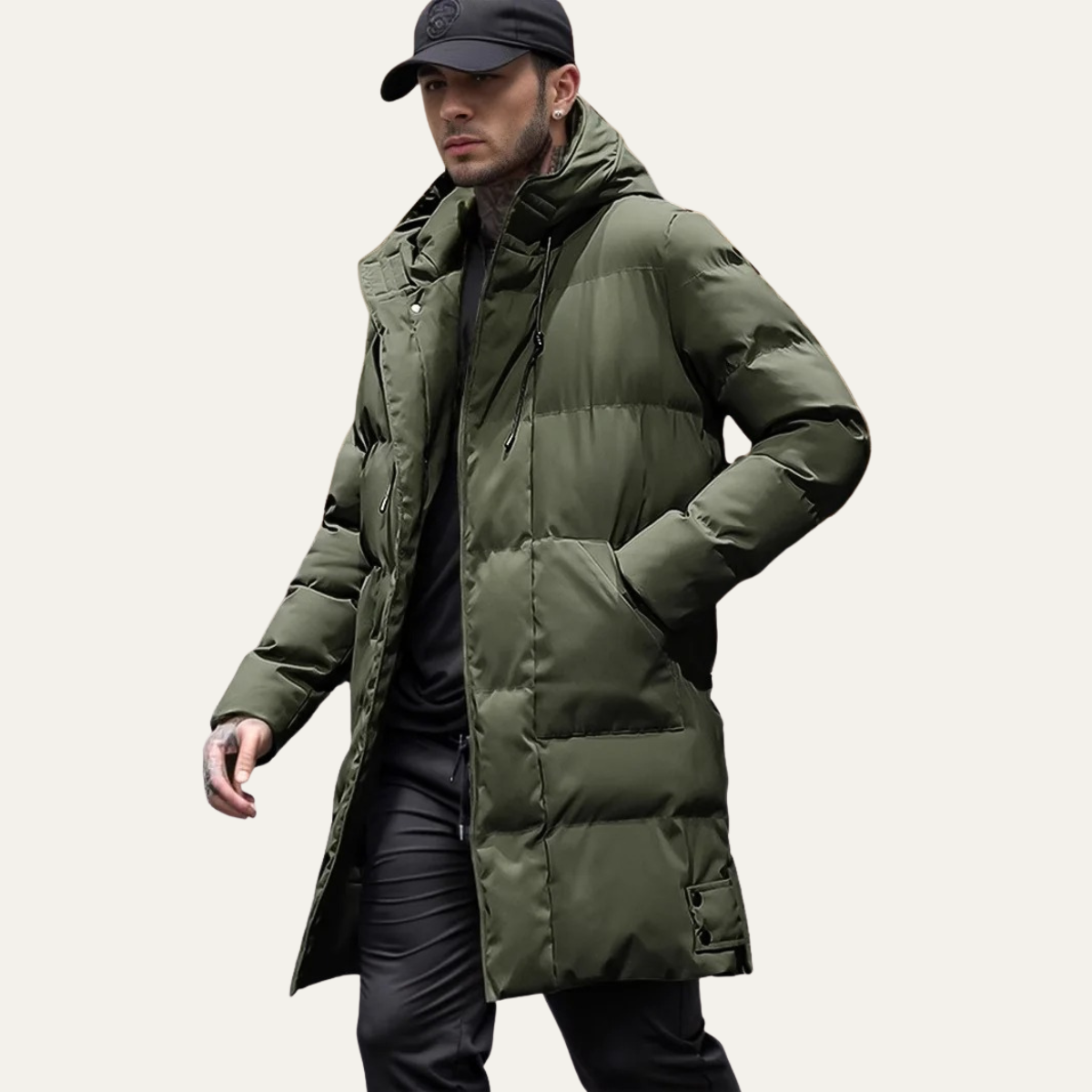 Axel | Men's Puffer Coat Olive Long Hooded Winter