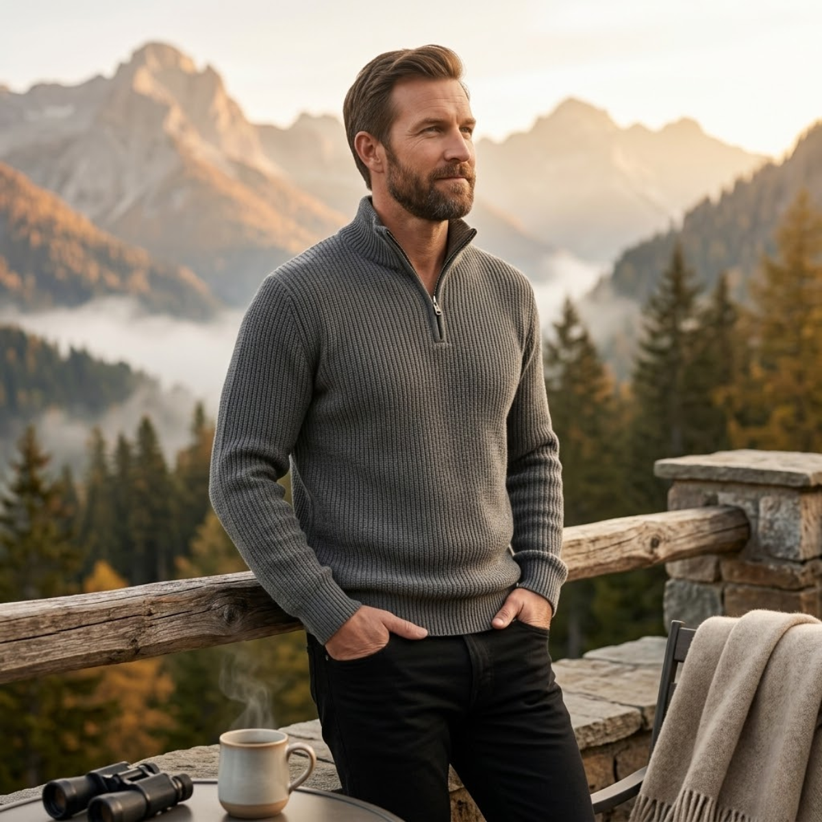 Bram | Men's Quarter Zip Sweater Black Ribbed Knit